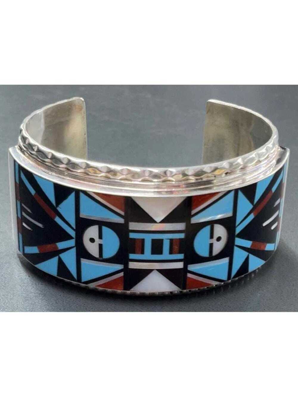Zuni sterling silver mother of pearl onyx turquoise inlay traditional cluster